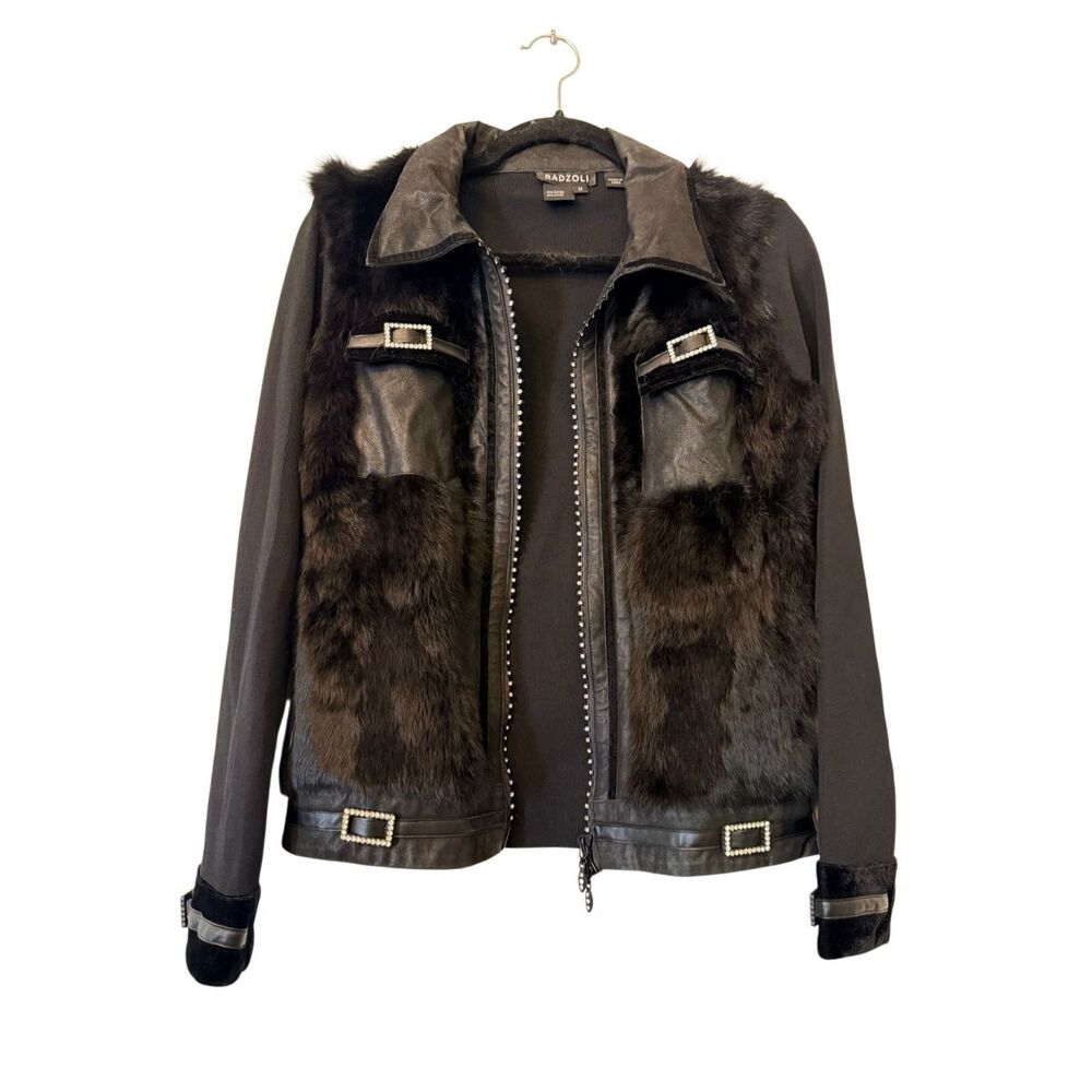 VIntage RARE Radzoli Fur Panel Zip Up Rhinestone Embellished Buckles Jacket Blac